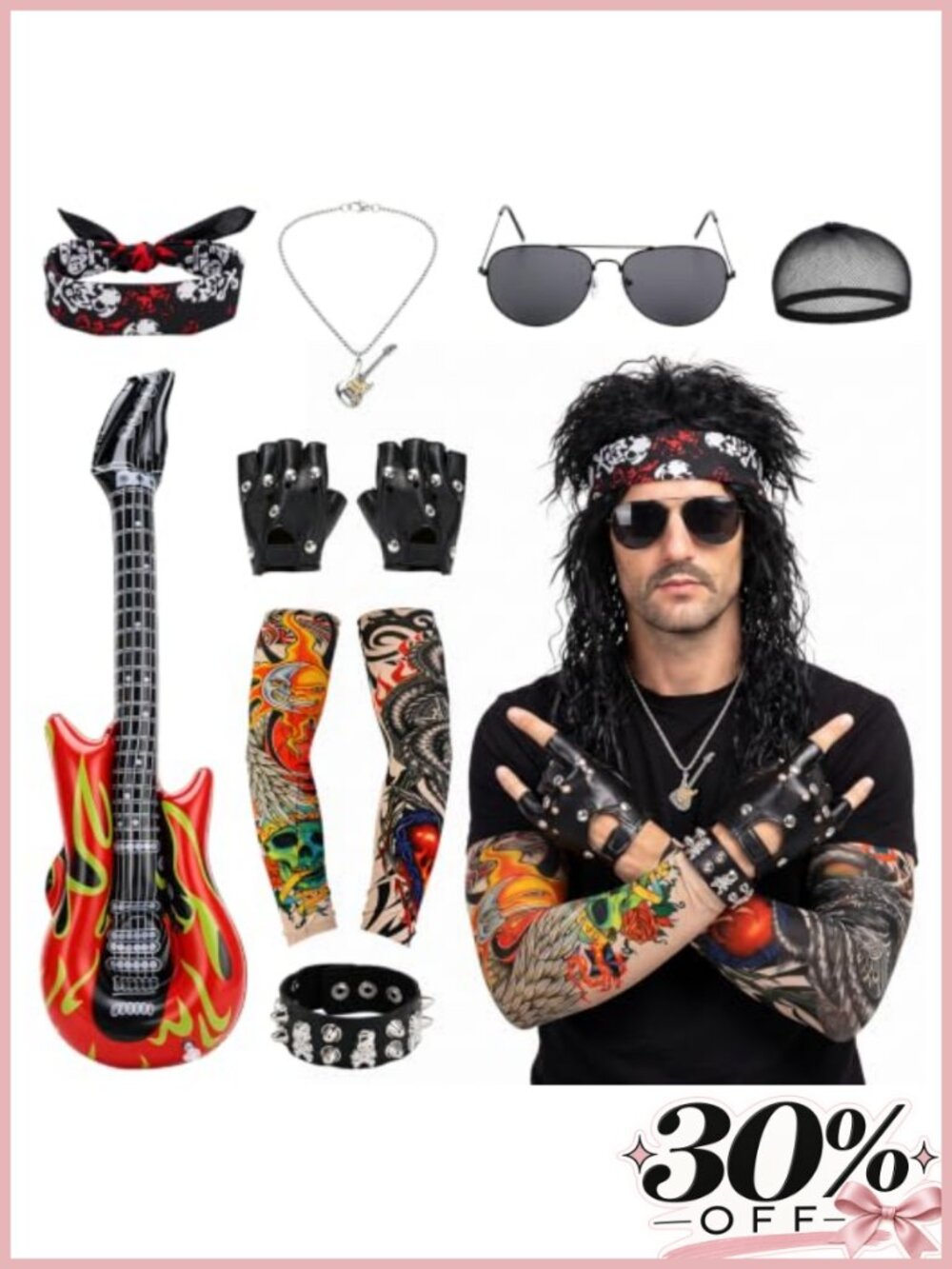 Men 80s Rocker Costume Set Mullet Wig Gloves Guitar Halloween Party